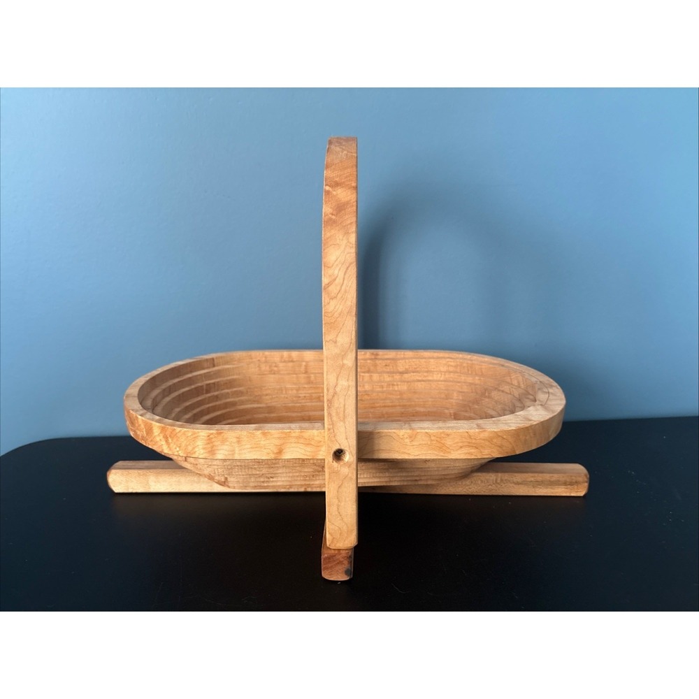 Collapsible Wooden Basket Oval Bowl Trivet Handcrafted 15" Farmhouse Fruit Bread